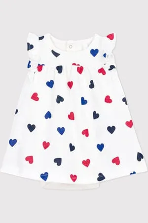Petit Bateau Abito a maniche corte in cotone e body integrato a tre cuori neonata
