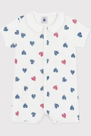 Petit Bateau Tutina corta in cotone con colletto a cuori a righe neonato