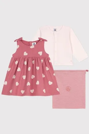 Petit Bateau Set due pezzi neonato in cotone con cardigan tinta unita e abito con stampa