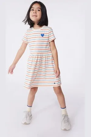 Petit Bateau Abito a maniche corte in cotone a righe e cuore bambina