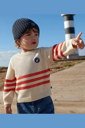 Petit Bateau Pullover in cotone a righe applicate e stemma sul petto neonato