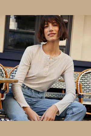 Petit Bateau T-shirt a maniche lunghe con collo alla tunisina a effetto coste in tinta unita donna