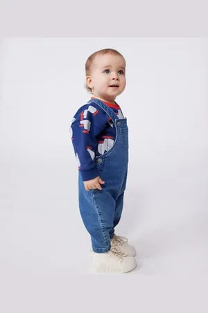 Petit Bateau Salopette neonato in denim ed elastan a gamba lunga