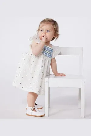 Petit Bateau Abito bianco neonato in cotone e bloomer coordinato con stampa a pois