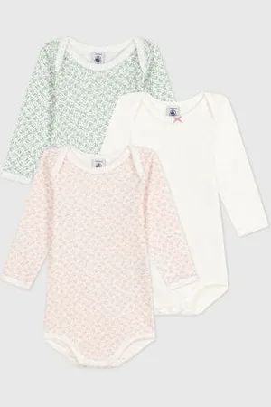 Petit Bateau Set da 3 body a maniche lunghe in cotone a fiori neonato