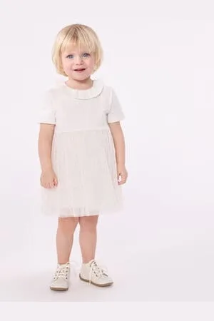 Petit Bateau Abito a maniche corte con colletto in cotone e tulle neonato