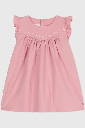 Petit Bateau Abito senza maniche in cotone tinta unita con dettagli ricamati sullo scollo neonato