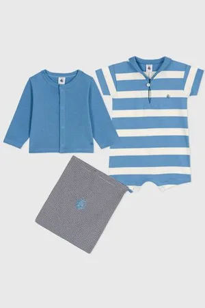 Petit Bateau Set due pezzi in cotone con cardigan tinta unita e tutina corta neonato