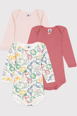 Petit Bateau Set di 3 body a maniche lunghe in cotone a fiori neonato