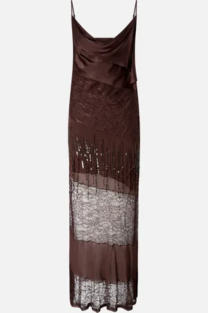Pinko Abito slipdress in raso, pizzo e frange di strass, , 38