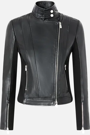 Pinko Giubbino biker in pelle con retro in tessuto, , 36