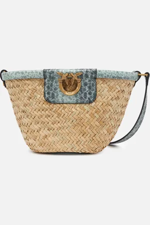 Pinko Piccola borsa secchiello in rafia intrecciata e pelle, - , U