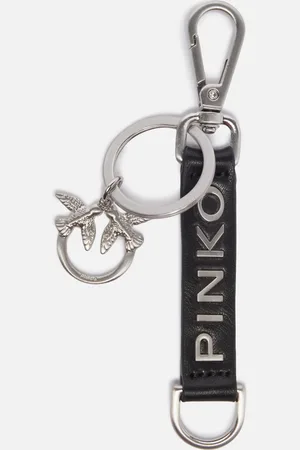 Pinko Portachiavi con uccellini e logo similpelle, Nero limousine-brushed silver, U