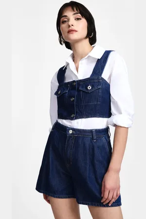 Please Top in denim con tasche e spalline larghe