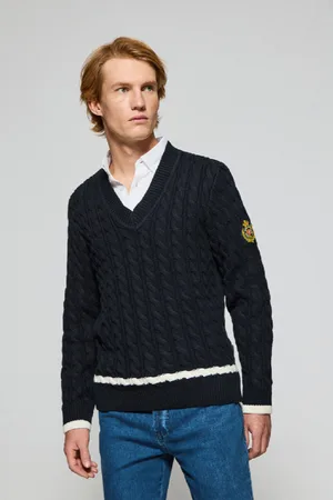 Polo Club® Maglione Blu Marino Nautic Con Scollo A V E Toppa Nautica Sulla Manica