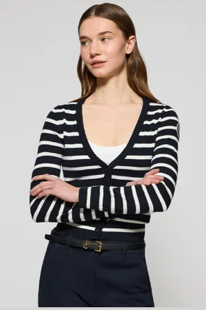 Polo Club® Cardigan A Righe Blu Marino Con Stemma Nautico
