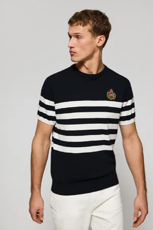 Polo Club® Maglione Blu Marino A Maniche Corte A Righe Con Stemma Nautico