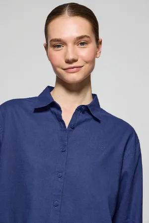 Polo Club® Camicia Blu Presidenziale Loose Fit In Lino E Cotone Con Ricamo Monogramma