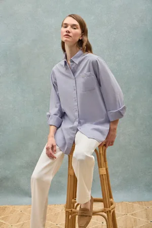 Polo Club® Camicia Blu Chiaro Samanta In Cotone A Righe Con Logo Ricamato