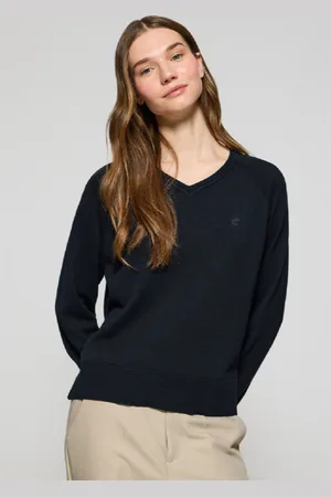 Polo Club® Maglione Blu Marino In Cotone E Lino Con Scollo A V E Monogramma Ricamato