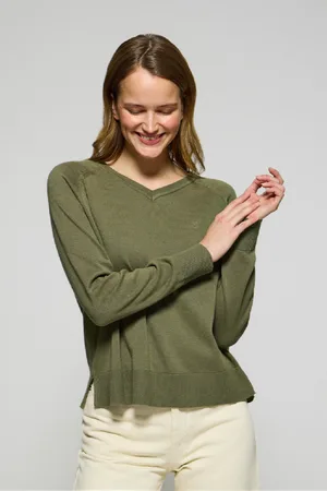 Polo Club® Maglione Verde Chiaro In Cotone E Lino Con Scollo A V E Monogramma Ricamato