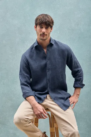 Polo Club® Camicia Blu Marino In Lino Tinta In Capo Con Monogramma Ricamato
