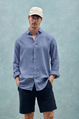 Polo Club® Camicia Blu Presidenziale In Lino Tinta In Capo Con Monogramma Ricamato