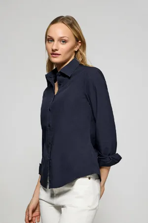 Polo Club® Camicia Blu Marino In Popeline Tinta In Capo Con Logo Ricamato