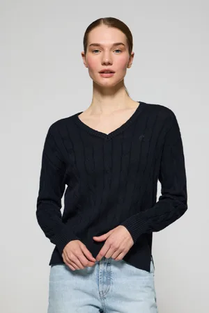 Polo Club® Maglione A Trecce Blu Marino Con Scollo A V E Monogramma Ricamato