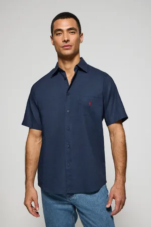 Polo Club® Camicia Blu Marino A Maniche Corte In Lino-Cotone Con Ricamo Rigby Go