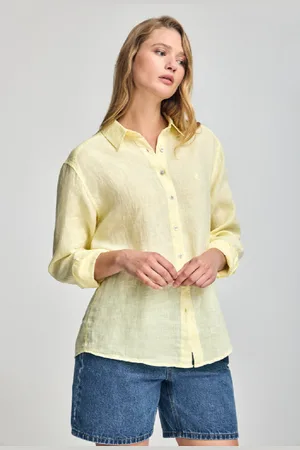 Polo Club® Camicia Gialla In Lino Tinta In Capo Con Monogramma Ricamato