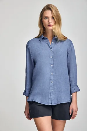 Polo Club® Camicia Blu Presidenziale In Lino Tinta In Capo Con Monogramma Ricamato