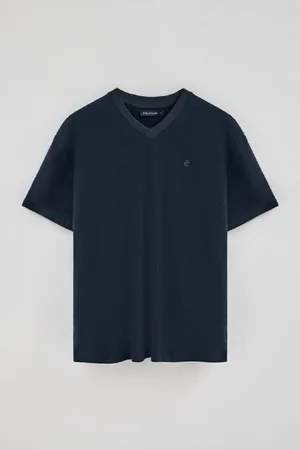 Polo Club® Maglietta Blu Marino In Lino E Cotone Con Scollo A V E Monogramma Ricamato