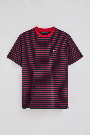 Polo Club® Maglietta A Righe Rosse E Blu Marino E Beige Con Monogramma Ricamato