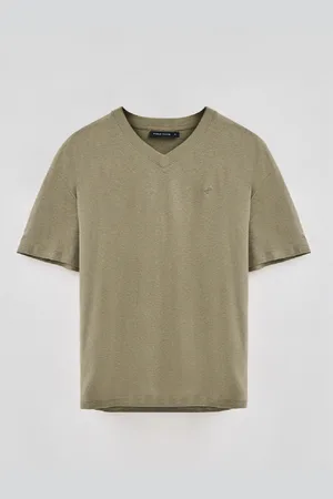 Polo Club® Maglietta Verde In Lino E Cotone Con Scollo A V E Monogramma Ricamato