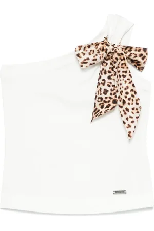 MONNALISA Top bianco monospalla con fiocco leopardato