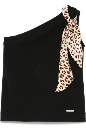 MONNALISA Top nero monospalla fiocco leopardato