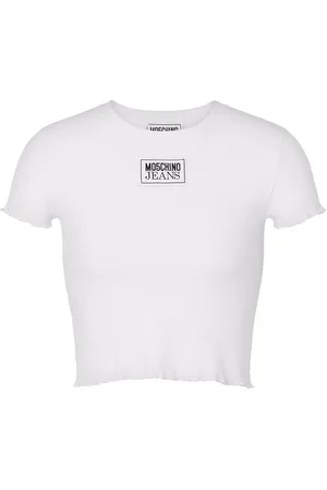 Moschino T-shirt crop a costine etichetta logo bianca