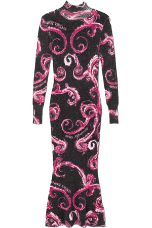VERSACE Abito midi in lurex fantasia baroque nero/fucsia