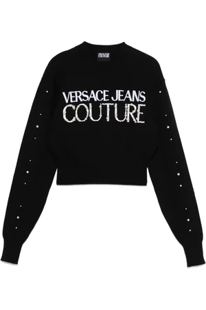 VERSACE Maglione crop logo e perline