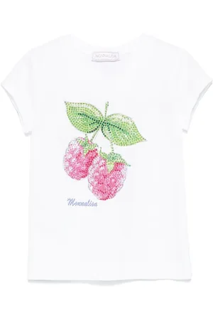 MONNALISA T-shirt bianca con stampa lampone con strass