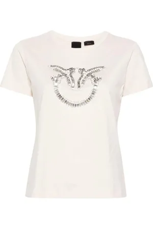 Pinko T-shirt latte love birds con pietre