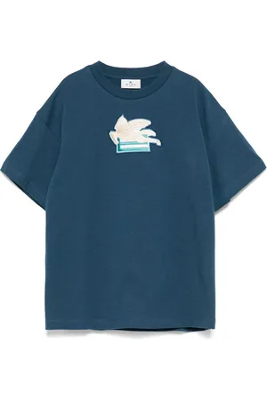 Etro T-shirt blu patch pegaso ricamo