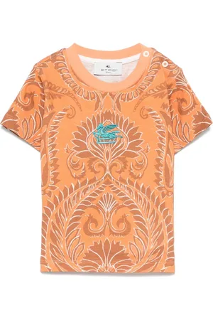 Etro T-shirt arancio con fantasia e ricamo pegaso