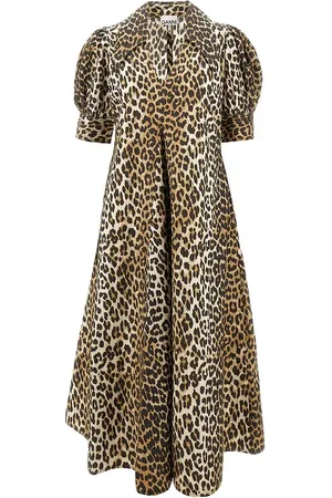 Ganni Abito midi in popeline leopardato
