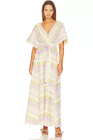 HAYLEY MENZIES Embroidered Kimono Sleeve V-neck Cotton Maxi Dress in - Yellow. Size L (also in M, S, XS).