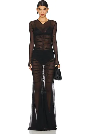 Norma Kamali Long Sleeve V Neck Shirred Front Fishtail Gown in
