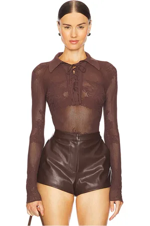FLEUR DU MAL Lace Pointelle Collared Bodysuit in