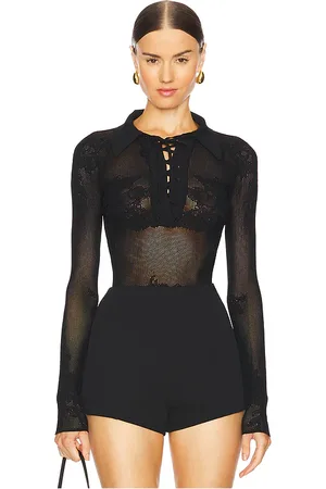FLEUR DU MAL Lace Pointelle Collared Bodysuit in