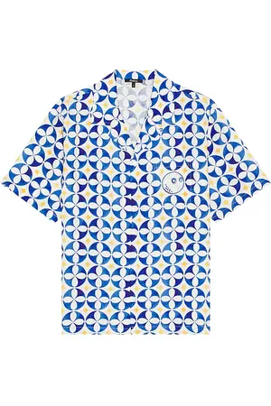 Malbon Golf Riviera Camp Collar Shirt in White Blue & Gold